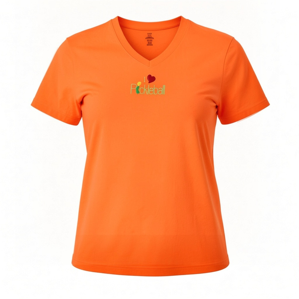 Pickleball V-Neck T-Shirt Size L Orange Embroidered